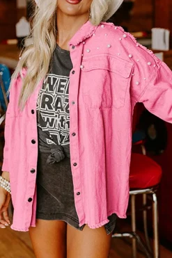 New Dear-Lover Pearl Beaded Raw Hem Button Up Denim Jacket Bonbon