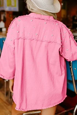 New Dear-Lover Pearl Beaded Raw Hem Button Up Denim Jacket Bonbon