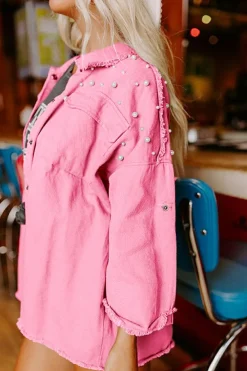 New Dear-Lover Pearl Beaded Raw Hem Button Up Denim Jacket Bonbon