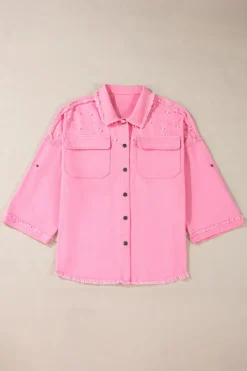 New Dear-Lover Pearl Beaded Raw Hem Button Up Denim Jacket Bonbon