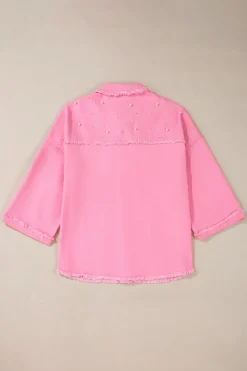 New Dear-Lover Pearl Beaded Raw Hem Button Up Denim Jacket Bonbon