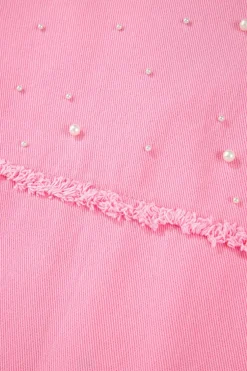 New Dear-Lover Pearl Beaded Raw Hem Button Up Denim Jacket Bonbon