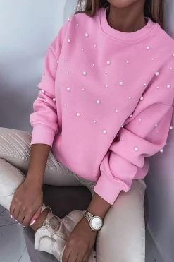 Clearance Dear-Lover Pearl Detail Ribbed Crew Neck Sweatshirt Bonbon