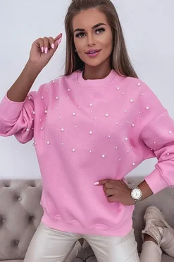 Clearance Dear-Lover Pearl Detail Ribbed Crew Neck Sweatshirt Bonbon