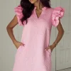 Sale Dear-Lover Pleated Splicing Sleeve Textured V Neck Shift Dress Bonbon