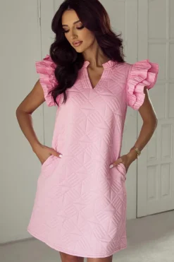 Sale Dear-Lover Pleated Splicing Sleeve Textured V Neck Shift Dress Bonbon