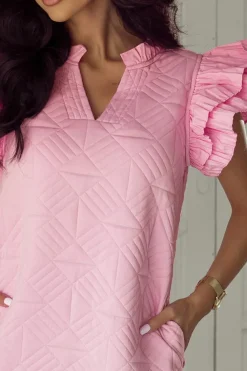 Sale Dear-Lover Pleated Splicing Sleeve Textured V Neck Shift Dress Bonbon