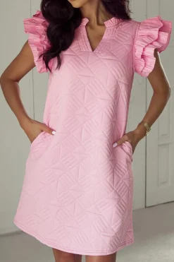 Sale Dear-Lover Pleated Splicing Sleeve Textured V Neck Shift Dress Bonbon