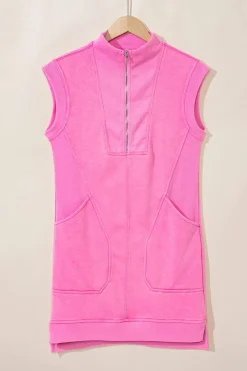 Clearance Dear-Lover Quarter Zip Pocketed Cap Sleeve Sweatshirt Dress Bonbon