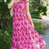 Sale Dear-Lover Retro Print Twisted Front Ruffled Sleeve Maxi Dress Bonbon