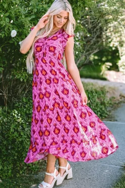 Sale Dear-Lover Retro Print Twisted Front Ruffled Sleeve Maxi Dress Bonbon