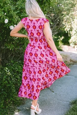 Sale Dear-Lover Retro Print Twisted Front Ruffled Sleeve Maxi Dress Bonbon