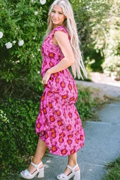 Sale Dear-Lover Retro Print Twisted Front Ruffled Sleeve Maxi Dress Bonbon