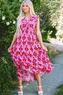 Sale Dear-Lover Retro Print Twisted Front Ruffled Sleeve Maxi Dress Bonbon