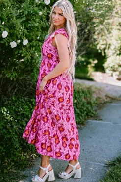Sale Dear-Lover Retro Print Twisted Front Ruffled Sleeve Maxi Dress Bonbon