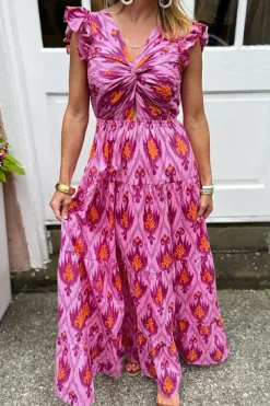 Sale Dear-Lover Retro Print Twisted Front Ruffled Sleeve Maxi Dress Bonbon