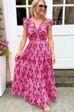 Sale Dear-Lover Retro Print Twisted Front Ruffled Sleeve Maxi Dress Bonbon
