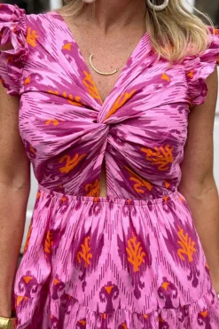 Sale Dear-Lover Retro Print Twisted Front Ruffled Sleeve Maxi Dress Bonbon