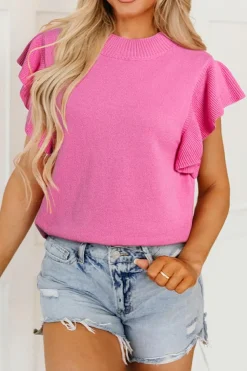 Discount Dear-Lover Ribbed Mock Neck Ruffled Short Sleeve Sweater Bonbon