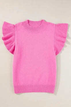 Discount Dear-Lover Ribbed Mock Neck Ruffled Short Sleeve Sweater Bonbon