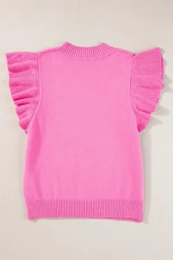Discount Dear-Lover Ribbed Mock Neck Ruffled Short Sleeve Sweater Bonbon