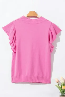 Discount Dear-Lover Ribbed Mock Neck Ruffled Short Sleeve Sweater Bonbon