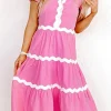 Best Dear-Lover Ric Rac Trim Short Puff Sleeve Flowy Midi Dress Bonbon