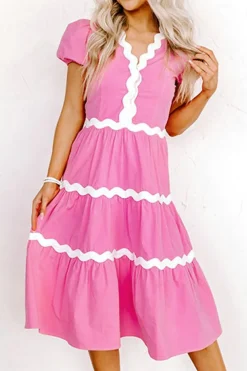 Best Dear-Lover Ric Rac Trim Short Puff Sleeve Flowy Midi Dress Bonbon