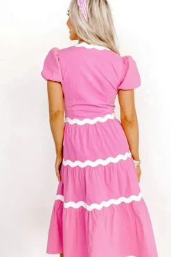 Best Dear-Lover Ric Rac Trim Short Puff Sleeve Flowy Midi Dress Bonbon