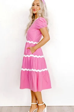 Best Dear-Lover Ric Rac Trim Short Puff Sleeve Flowy Midi Dress Bonbon