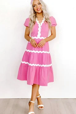 Best Dear-Lover Ric Rac Trim Short Puff Sleeve Flowy Midi Dress Bonbon