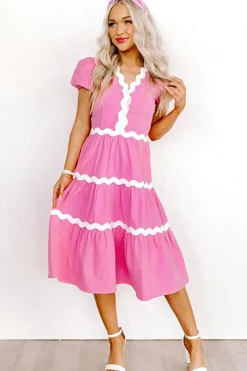 Best Dear-Lover Ric Rac Trim Short Puff Sleeve Flowy Midi Dress Bonbon