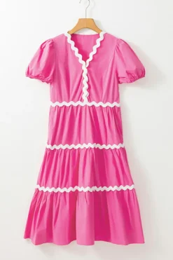 Best Dear-Lover Ric Rac Trim Short Puff Sleeve Flowy Midi Dress Bonbon