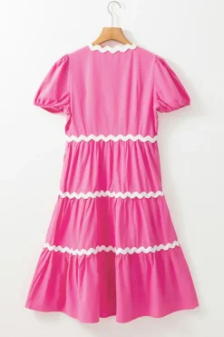Best Dear-Lover Ric Rac Trim Short Puff Sleeve Flowy Midi Dress Bonbon