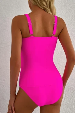 Fashion Dear-Lover Ruched Tummy Control Tankini 2pcs Swimsuit Bonbon