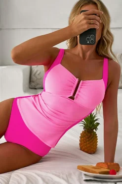 Fashion Dear-Lover Ruched Tummy Control Tankini 2pcs Swimsuit Bonbon