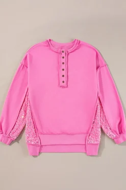 Outlet Dear-Lover Sequin Patchwork High Low Hem Henley Sweatshirt Bonbon
