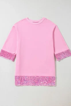 Sale Dear-Lover Sequin Trim Bracelet Sleeve Shift Crew Neck Short Dress Bonbon