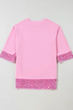 Sale Dear-Lover Sequin Trim Bracelet Sleeve Shift Crew Neck Short Dress Bonbon
