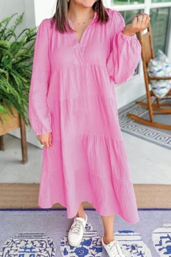 Sale Dear-Lover Solid Collared V Neck Tiered Loose Fit Midi Dress Bonbon
