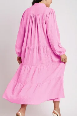 Sale Dear-Lover Solid Collared V Neck Tiered Loose Fit Midi Dress Bonbon