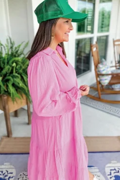Sale Dear-Lover Solid Collared V Neck Tiered Loose Fit Midi Dress Bonbon