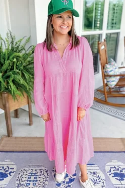 Sale Dear-Lover Solid Collared V Neck Tiered Loose Fit Midi Dress Bonbon
