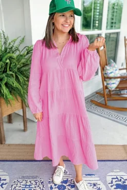 Sale Dear-Lover Solid Collared V Neck Tiered Loose Fit Midi Dress Bonbon