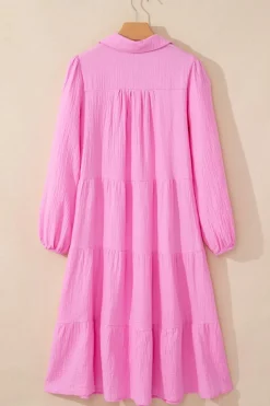 Sale Dear-Lover Solid Collared V Neck Tiered Loose Fit Midi Dress Bonbon