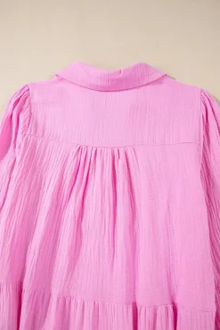 Sale Dear-Lover Solid Collared V Neck Tiered Loose Fit Midi Dress Bonbon