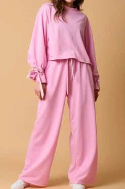 Best Dear-Lover Solid Color Drawstring Long Sleeve Top and Pants Set Bonbon
