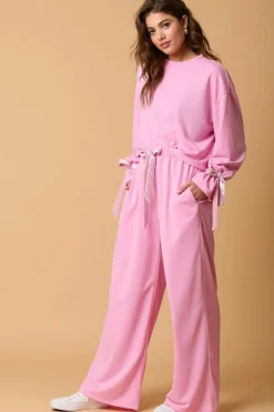 Best Dear-Lover Solid Color Drawstring Long Sleeve Top and Pants Set Bonbon