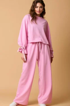 Best Dear-Lover Solid Color Drawstring Long Sleeve Top and Pants Set Bonbon