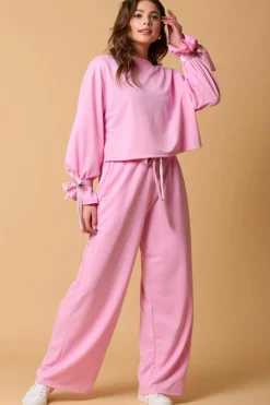 Best Dear-Lover Solid Color Drawstring Long Sleeve Top and Pants Set Bonbon